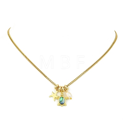 Ocean Brass Natural Paua Shell & Pearl Pendant 304 Stainless Steel Curb Chain Necklaces for Women NJEW-JN06258-01-1
