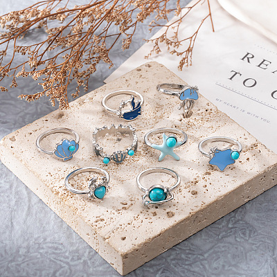 9Pcs Ocean Alloy Enamel Finger Rings Set WGEDDBB-01-1