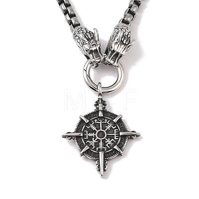 304 Stainless Steel Dragon Head King Box Chain Viking Compass Pendant Necklaces for Men NJEW-K278-09AS-1