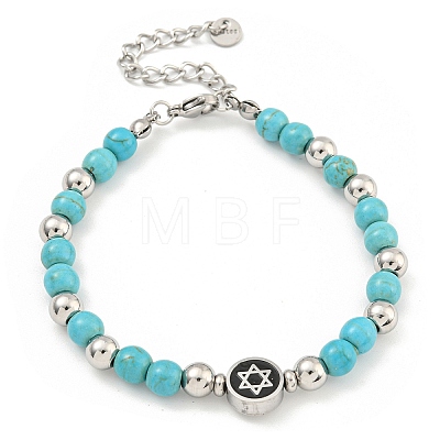 Star of David 304 Stainless Steel & Synthetic Turquoise Round Beaded Bracelets for Women BJEW-G717-06P-1