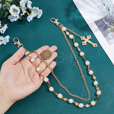 1Pc Alloy & Iron & Round White Imitation Pearl Link Chain Double Layer Cross Charm Pants Chains HJEW-ME0002-24-1
