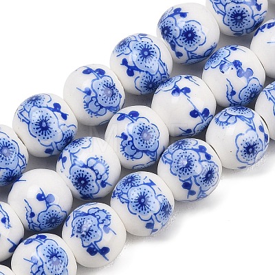 Handmade Flower Printed Porcelain Ceramic Beads Strands PORC-M007-10mm-15-1