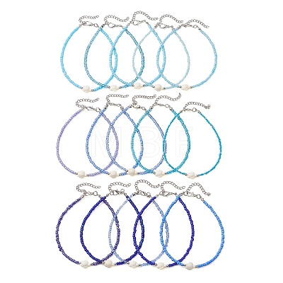 15Pcs 15 Colors Summer Beach Dyed Synthetic Turquoise Turtle with Glass Beaded Anklets AJEW-AN00776-1
