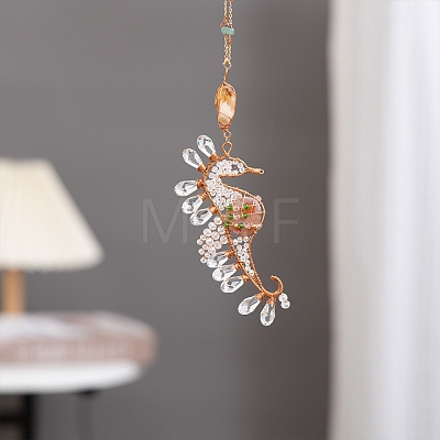 Wire Wrapped Glass Beads & Metal Sea Horse Hanging Ornaments PW-WG0697F-01-1