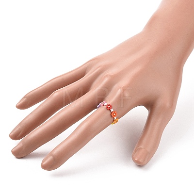 Glass Beaded Flower Wrap Stretch Finger Ring for Women RJEW-MZ00002-01-1