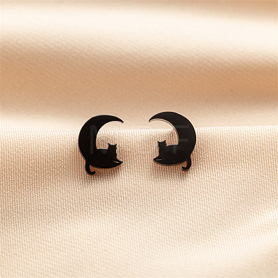 Stainless Steel Moon & Cat Shape Stud Earrings PW-WG97D36-04-1