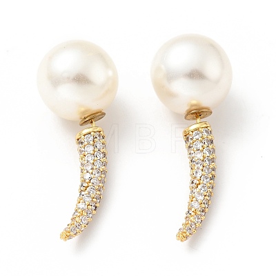 Clear Cubic Zirconia Horn with Acrylic Pearl Front Back Stud Earrings EJEW-G295-02A-G-1