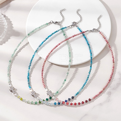 Natural Mixed Stone Faceted Round and Dyed Malaysia Jade & Pearl Beaded Necklaces with Brass Micro Pave Clear Cubic Zirconia Cross NJEW-JN05975-1