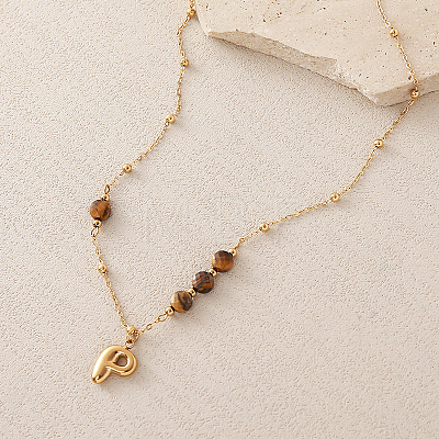 European Faceted Natural Tiger Eye 304 Stainless Steel Alphabet Pendant Necklaces QN9691-16-1
