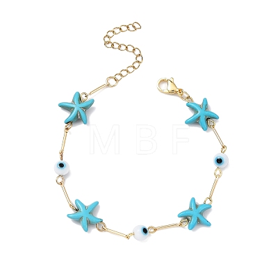3Pcs 3 Color Glass Evil Eye & Synthetic Turquoise Starfish Link Chain Bracelets Set BJEW-TA00428-1