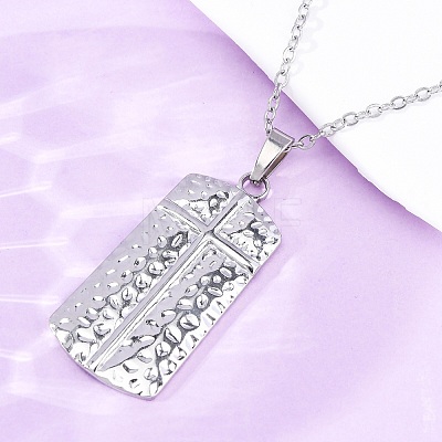 Texture Rectangle with Cross 304 Stainless Steel Pendant Necklaces NJEW-H059-12P-1