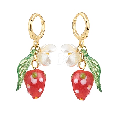 Lampwork Strawberry with Plastic Pearl Flower Dangle Leverback Earring EJEW-TA00130-1