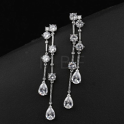 Brass Clear Cubic Zirconia Teardrop Tassel Stud Earrings FS-WG0D253-02-1
