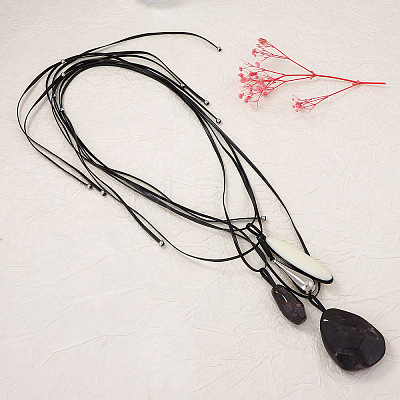 Resin Geometric Teardrop Pendant Adjustable PU Leather Cord Multi Layered Necklaces for Women WG071BF-01-1