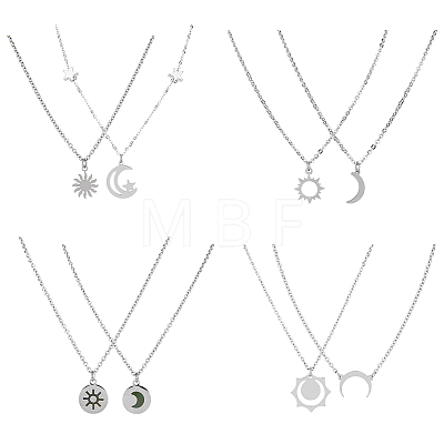 FIBLOOM 4 Sets 4 Style Sun and Moon 304 Stainless Steel Pendant Necklaces Set NJEW-FI0001-22-1