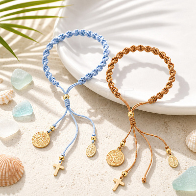 2Pcs 2 Colors Adjustable Polyester Braided Bracelets with 304 Stainless Steel and Brass Cross and Saint Benedict Medal Tassel Charms IW4580-1