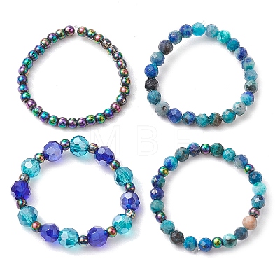 4Pcs Round Natural Chrysocolla & Lapis Lazuli Beads Stretch Rings for Unisex RJEW-JR00750-1