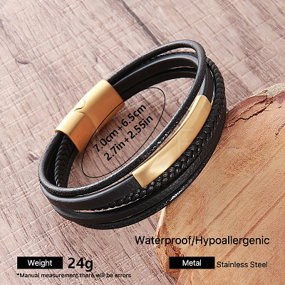 Vintage 304 Stainless Steel Men's Braided PU Leather Multi-Strand Bracelets with Metal Magnetic Clasps TT3196-1-1