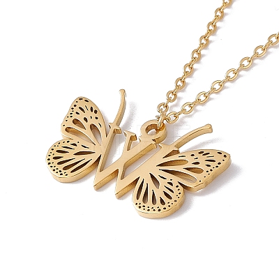 Initial Letter with Butterfly Pendant Necklace NJEW-C026-01G-W-1