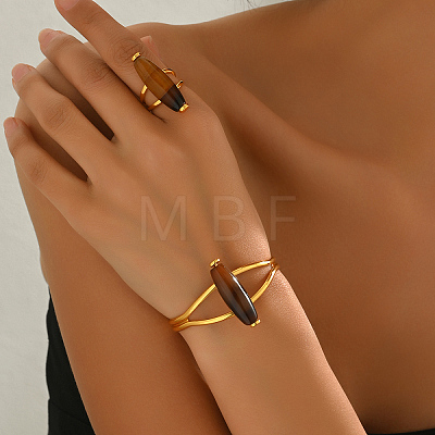 Bohemian Style Horse Eye Natural Agate & Metal Cuff Bangle & Ring Set for Women Party and Evening Wear ZI1822-1-1