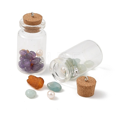 Natural Prehnite /Cultured Freshwater Pearl/Polymer Clay Rhinestone/Natural Amber/Amethyst /Blue Aventurine /Garnet/Rose Quartz & Iron & Glass Jar Glass Bottles Pendants PALLOY-JF05963-1
