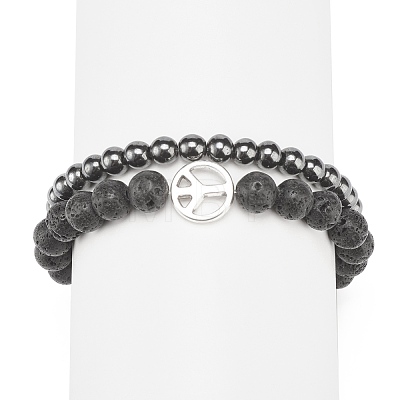 2Pcs 2 Style Natural Lava Rock & Synthetic Hematite Round Beaded Stretch Bracelets Set with Alloy Peace Sign BJEW-JB08311-1