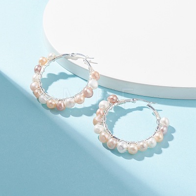 Natural Pearl Wire Wrapped Beaded Hoop Earrings for Women EJEW-JE04759-03-1