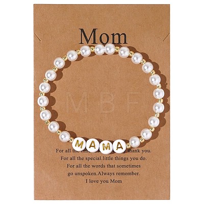 Mother's Day Brass & Plastic Imitation Pearl Round Beads Strertch Bracelets LS-SK3516-10-1