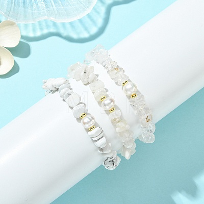 3Pcs 3 Styles Natural & Synthetic Mixed Gemstone Chip & Natural Cultured Freshwater Pearl Beaded Stretch Bracelets Set for Women BJEW-JB13762-01-1