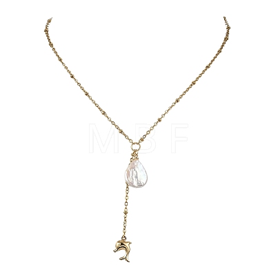 Summer Natural Baroque Keshi Pearl & 304 Stainless Steel Sea Animal Pendant Satellite Chain Y Lariat Necklaces NJEW-JN06049-02-1