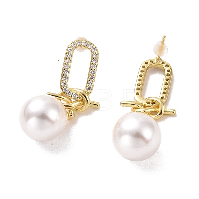 Clear Cubic Zirconia Oval with Knot Dangle Stud Earrings with Plastic Pearl EJEW-A072-01LG-1