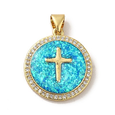 Rack Plating Brass Micro Pave Cubic Zirconia with Synthetic Opal Pendants KK-D088-06G-1