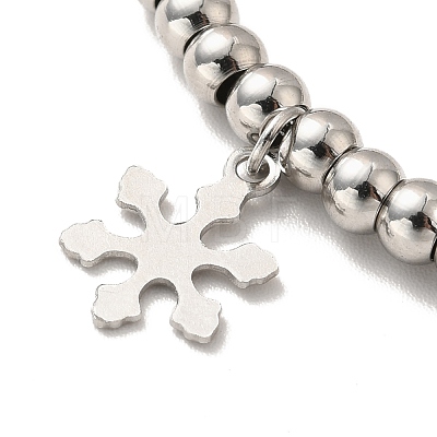 304 Stainless Steel Snowflake Charm Bracelet with 201 Stainless Steel Round Beads for Women BJEW-B057-14P-1