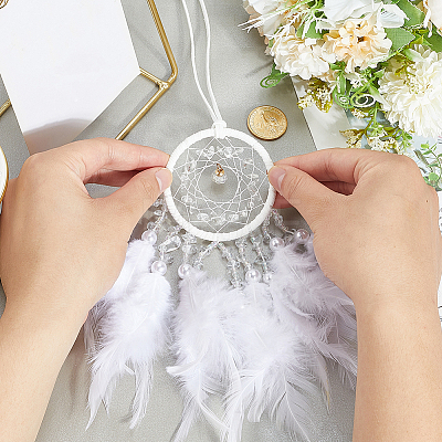 1Pc Natural Gemstone Chips Woven Net/Web with Feather Hanging Ornaments AJEW-CN0005-48A-1