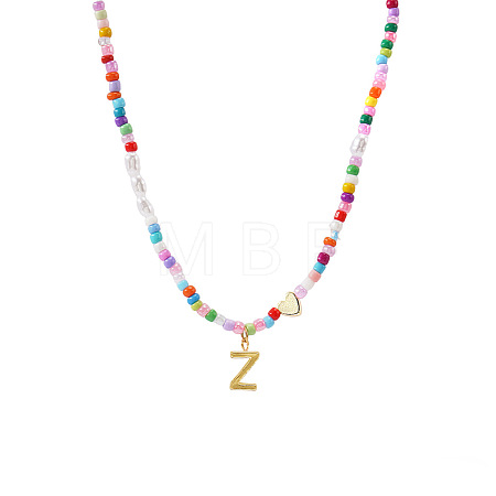 Colorful Beaded Heart Letter Necklace with Pearl Elements Stainless Steel Pendant Jewelry TR2146-26-1