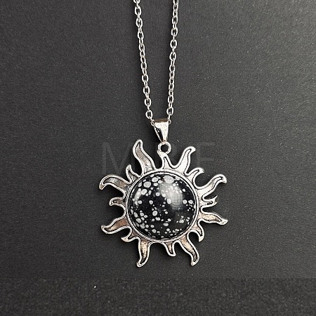Natural Snowflake Obsidian Sun Pendant Alloy Chain Vintage Necklaces WB3716-10-1