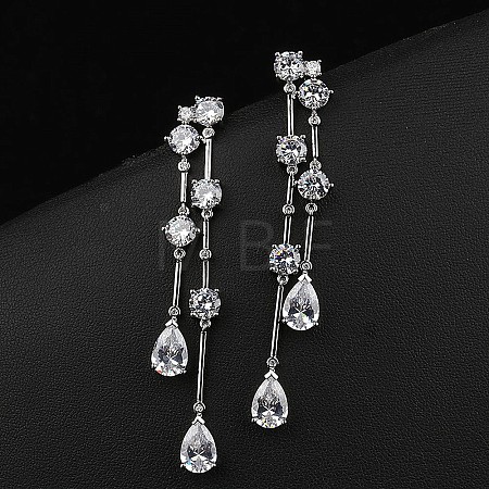 Brass Clear Cubic Zirconia Teardrop Tassel Stud Earrings FS-WG0D253-02-1