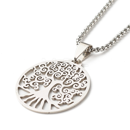 Non-Tarnish Flat Round with Tree of Life Pendant Necklace for Girl Women NJEW-JN03711-1