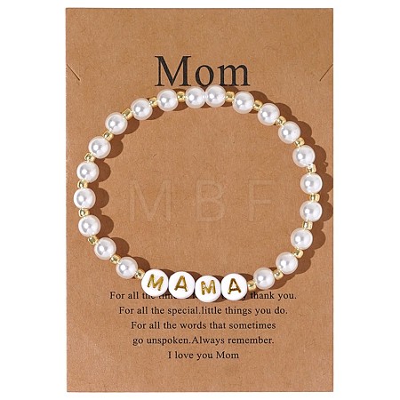Mother's Day Brass & Plastic Imitation Pearl Round Beads Strertch Bracelets LS-SK3516-10-1