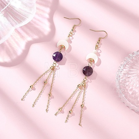 Natural Amethyst Round with Moon Dangle Earrings EJEW-JE06813-02-1