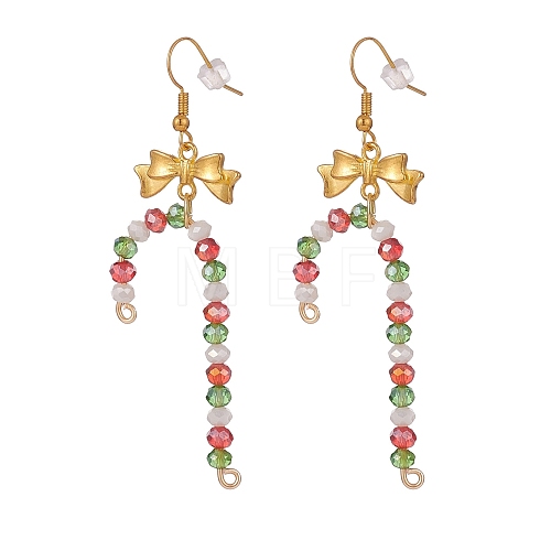Glass Christmas Candy Cane with Alloy Bowknot Dangle Earrings EJEW-JE04971-02-1