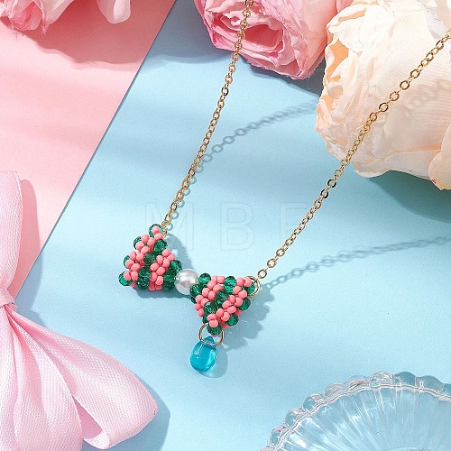 Glass Seed Beaded Bowknot Pendant Necklace NJEW-MZ00091-01-1