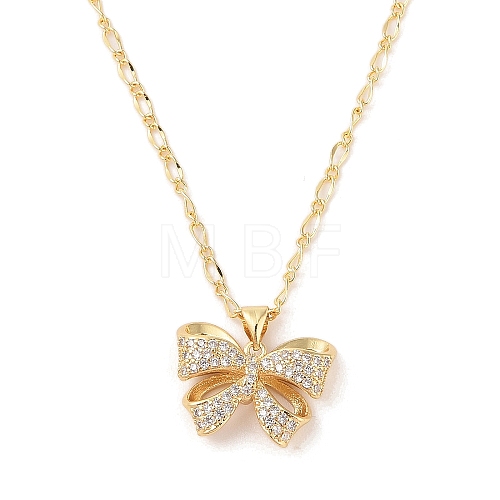 Brass Micro Pave Clear Cubic Zirconia Bowknot Pendant Necklaces for Women NJEW-S432-02G-02-1