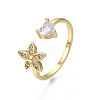 Cubic Zirconia Flower and Heart Open Cuff Ring RJEW-N035-115-3