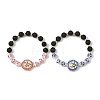 2Pcs 2 Colors Handmade Printed Porcelain Floral Flat Round & Round Natural Lava Rock Beaded Stretch Bracelet Sets BJEW-JB14186-3