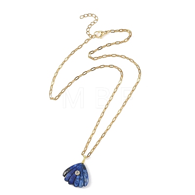 Summer Beach Natural Mixed Stone Carved Shell Shape Pendant 304 Stainless Steel Cable Chain Necklaces with Cubic Zirconia for Women NJEW-JN06586-1