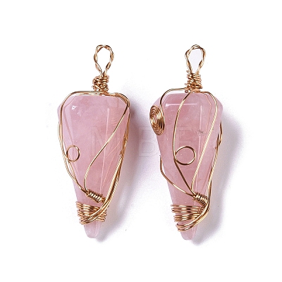 Natural Rose Quartz Copper Wire Wrapped Big Pendants G-B073-02RG-06-1