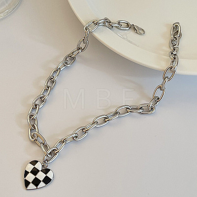 Black and White Checkered Heart Alloy Enamel Pendant Necklaces for Women FS-WGFAE52-01-1