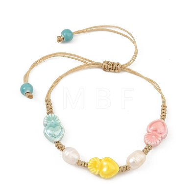 Glazed Porcelain Beads & Natural Cultured Freshwater Pearl Braided Bead Bracelets BJEW-JB14202-02-1