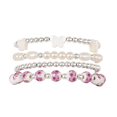 4Pcs 4 Styles Printed Porcelain Beads & Synthetic Hematite Beads & Shell Beads & ABS Plastic Pearl Stretch Bracelets Sets for Women BJEW-JB14203-02-1